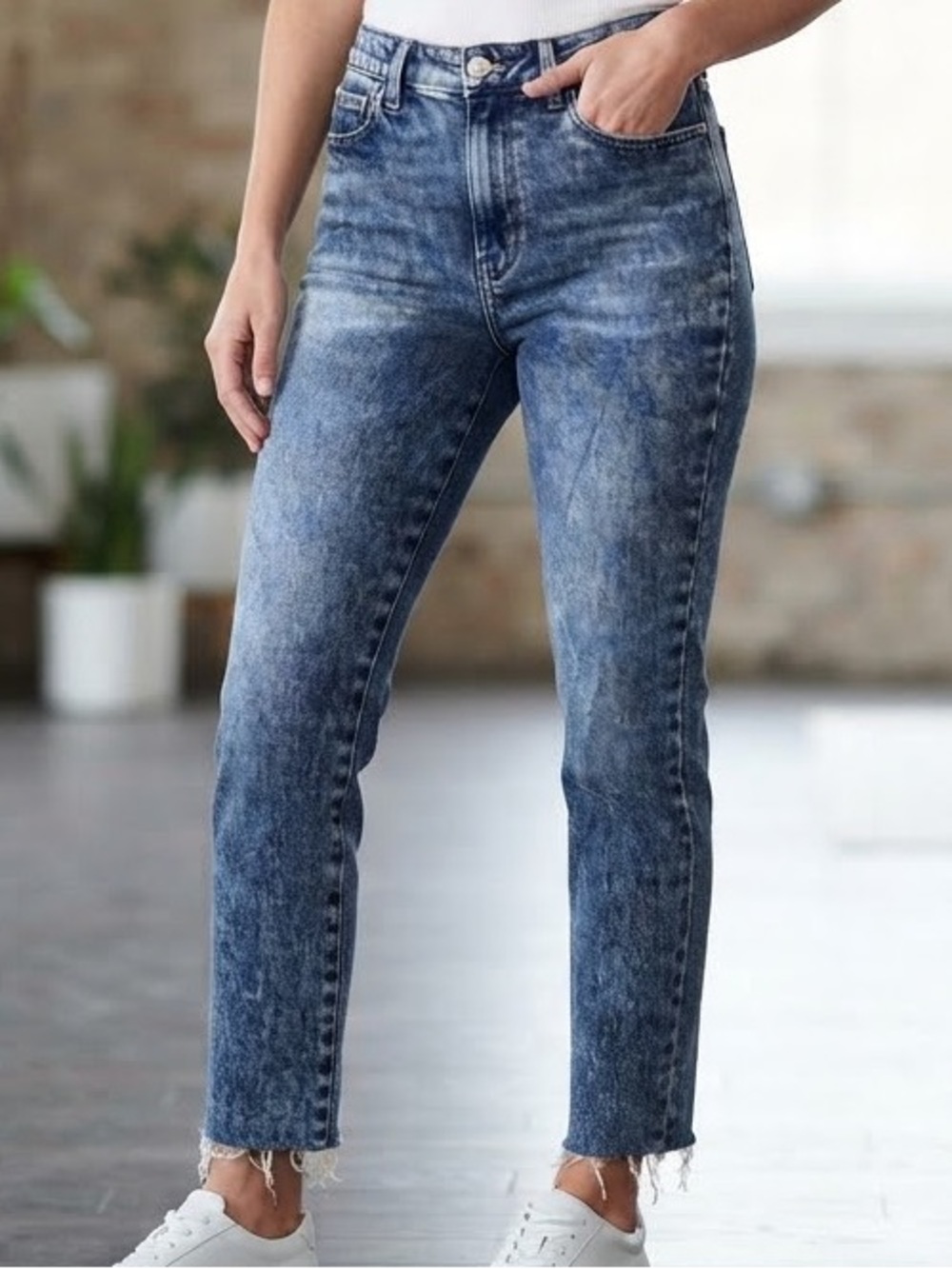 Etica High Rise Blue Acid Wash Denim Jeans Raw Frayed Hem Size 5